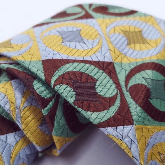 Vintage 70s Mens Necktie Textured Geometric Diamond Paisley Yin Yang Green Brown - Picture 2 of 2